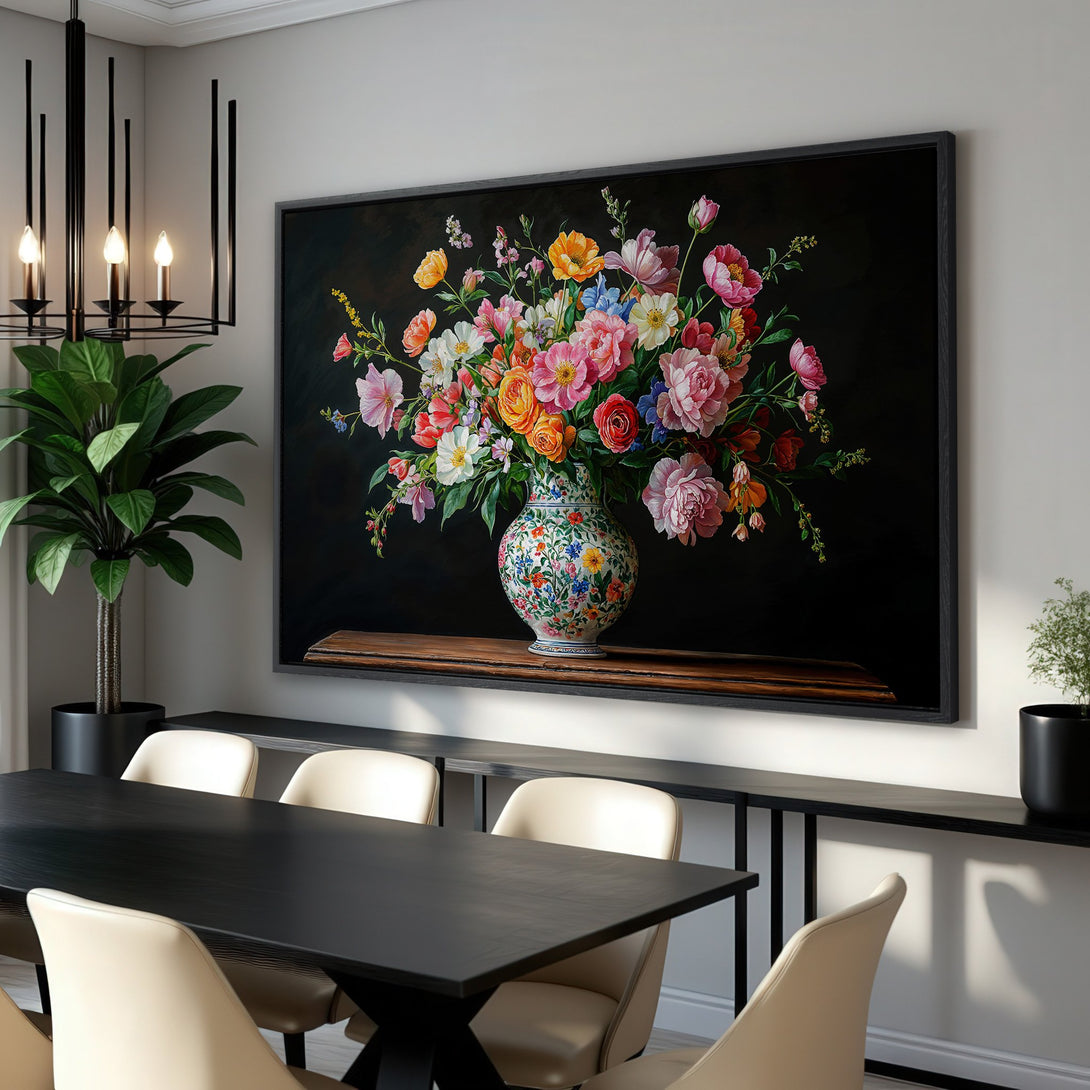 Framed Wall Art: Stunning floral still life Canvas Print. Rich, vibrant colors of pink, orange, and yellow against a dark background. Perfect for dining room decor.