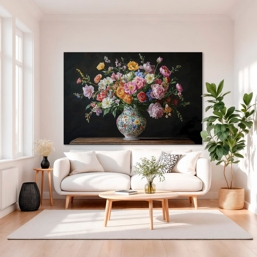 Framed Wall Art: Floral still life Canvas Print with vibrant blooms in a decorative vase. Rich color palette on a black background, perfect for home decor.