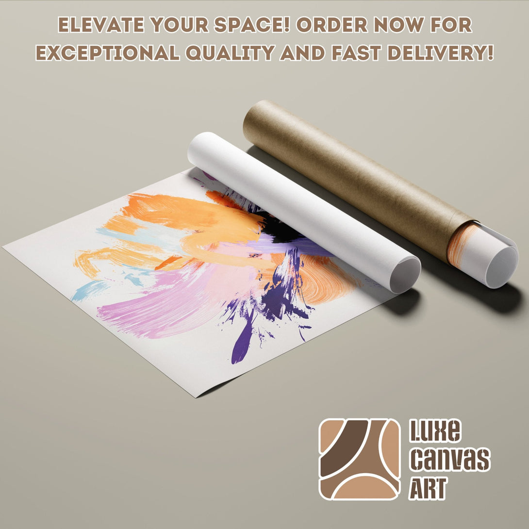 Abstract art Poster Roll with orange, purple, and blue brushstrokes. Elevate your space with Luxe Canvas Art! Order now!