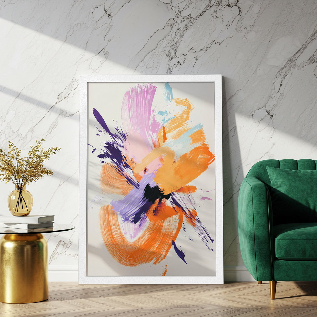 Framed Poster featuring abstract brushstrokes in orange, purple, and pink. Modern art style, perfect for home decor.