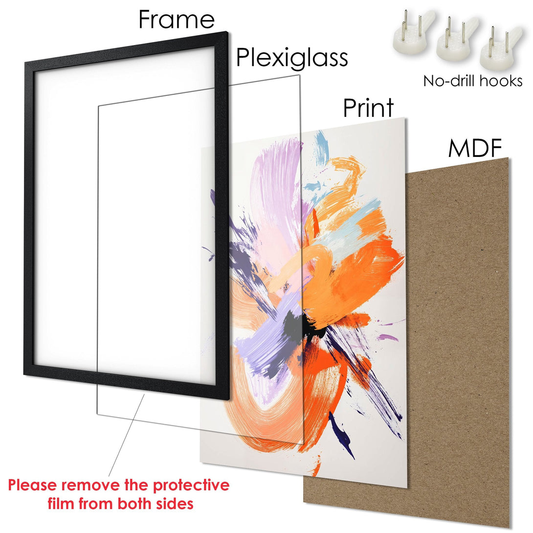 Framed Poster: Abstract art print with orange, purple, and blue brushstrokes. Modern style, vibrant color palette for home decor.