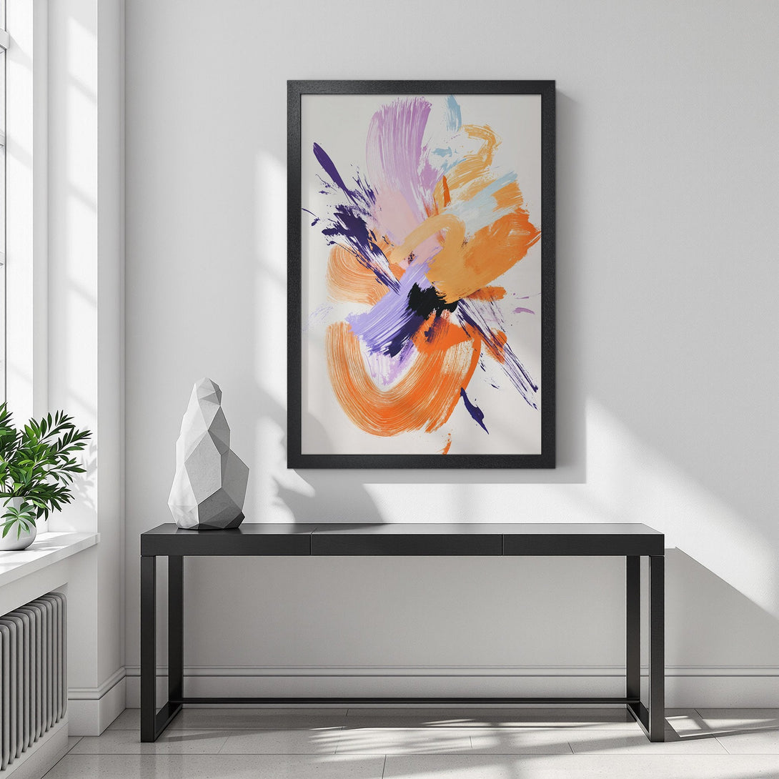 Framed Poster featuring abstract art with orange, purple, and blue brushstrokes. Modern art style, perfect for home decor.
