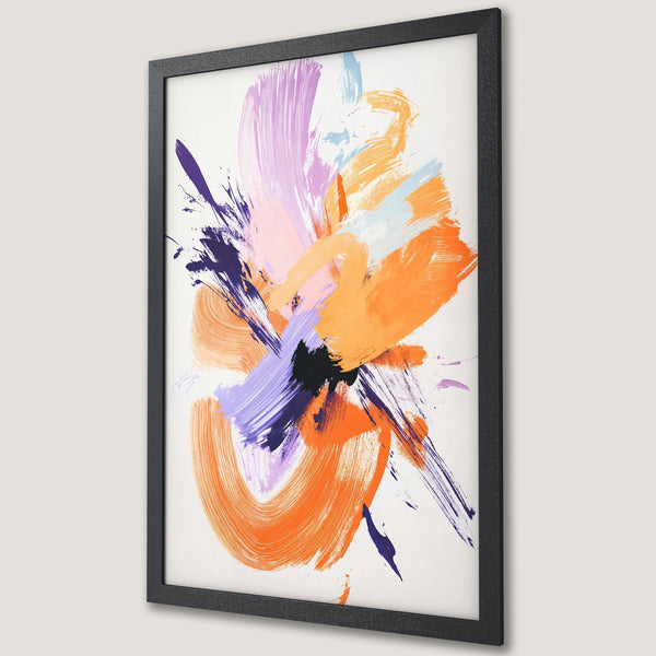 Framed Poster featuring abstract brushstrokes in orange, purple, and blue. Add a pop of color to your space with this vibrant art!