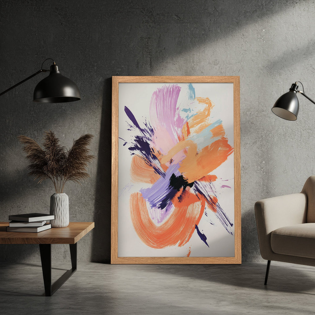 Framed Poster featuring abstract brushstroke art in orange, purple, and pink hues. Modern wall decor.
