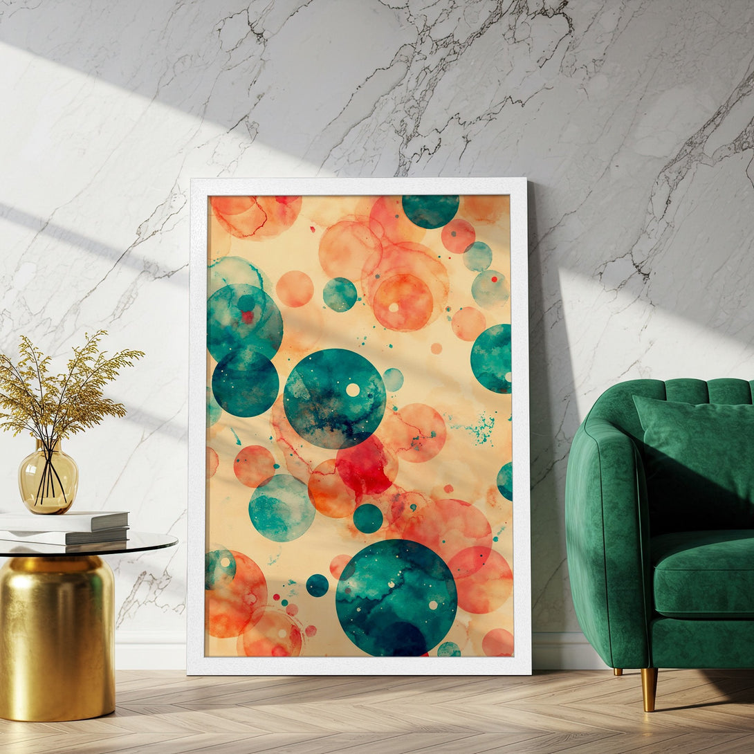 Framed Poster featuring abstract watercolor circles in teal, coral, and peach. Modern art print for home decor.