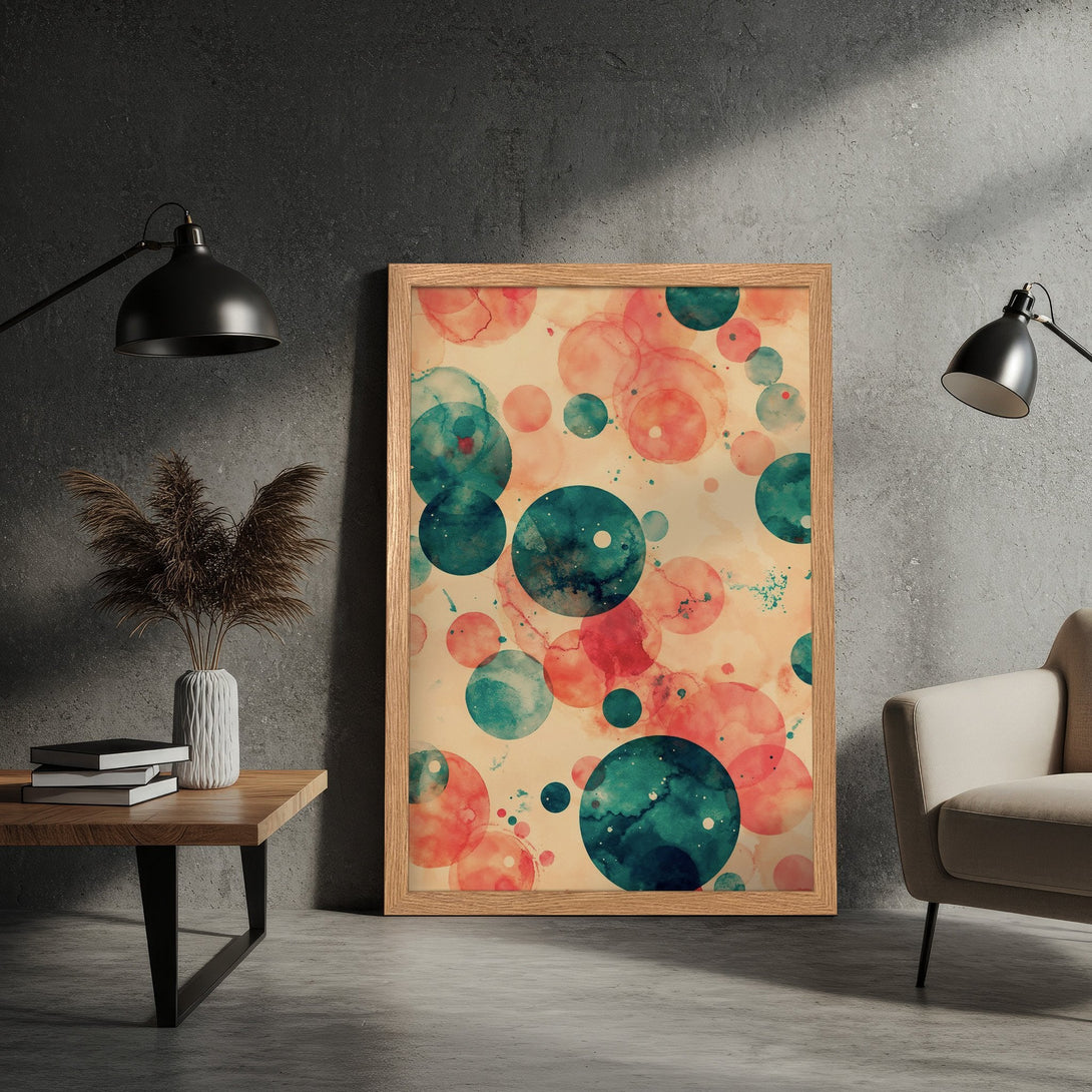 Framed Poster featuring abstract watercolor circles in teal and coral hues, perfect for modern home decor.