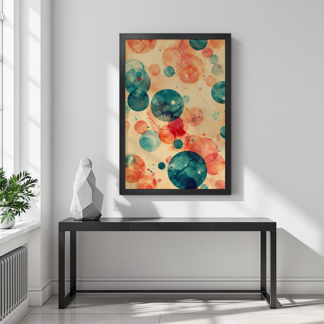 Framed Poster featuring watercolor bubble art in teal, coral, and peach tones. Perfect modern wall decor!