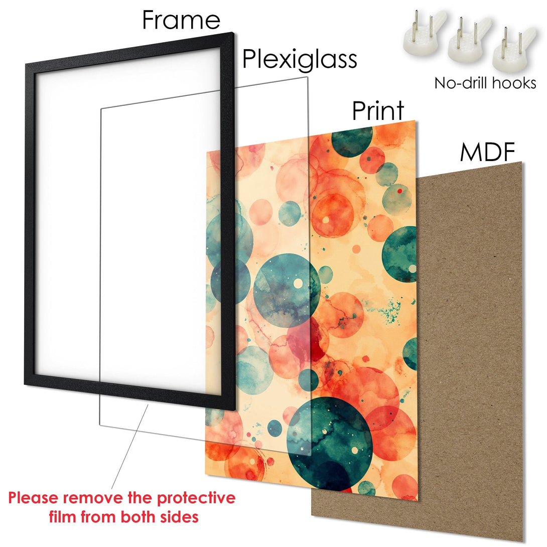 Framed Poster with watercolor abstract design in teal, orange, and beige. Perfect wall art!