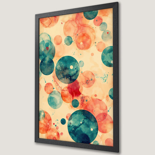 Framed Poster featuring abstract watercolor circles in teal, coral, & cream. Modern art print for home decor.