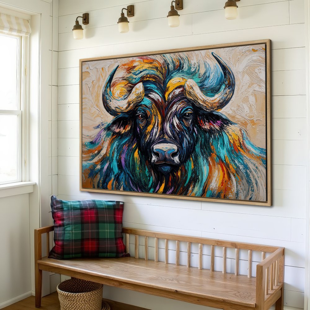 Abstract Canvas Print of a colorful buffalo, vibrant blues, oranges, and yellows. Modern wall art for a bold statement.