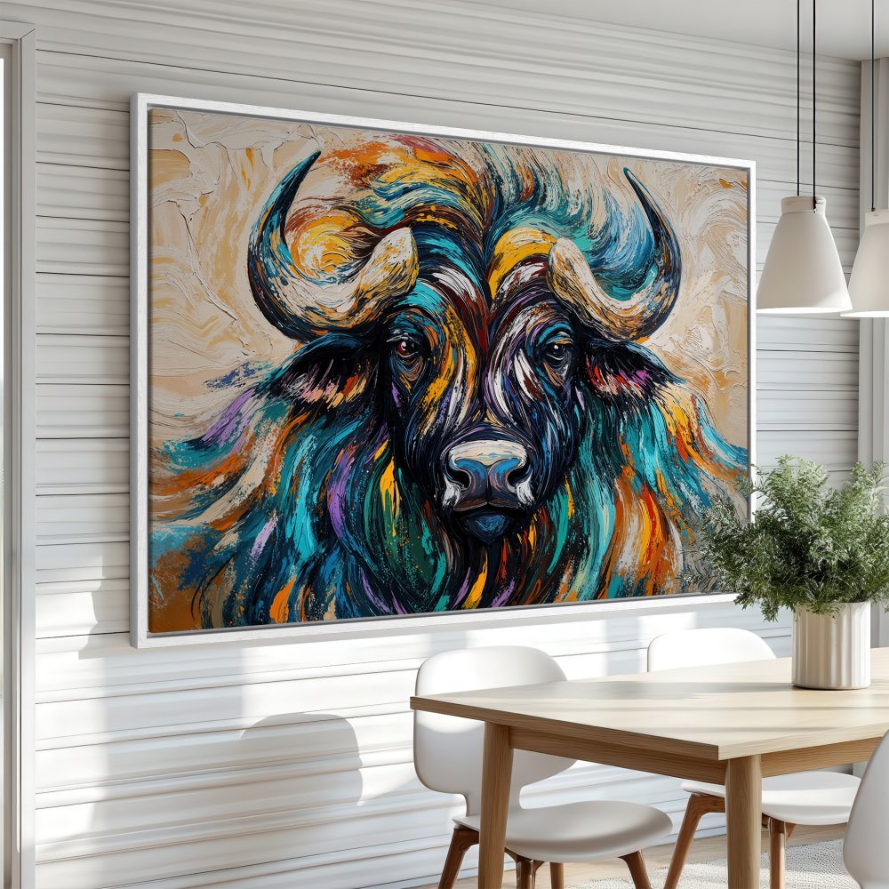 Framed Wall Art: Colorful buffalo painting adds vibrant style. Modern canvas print with blue, orange, and purple hues for home decor.