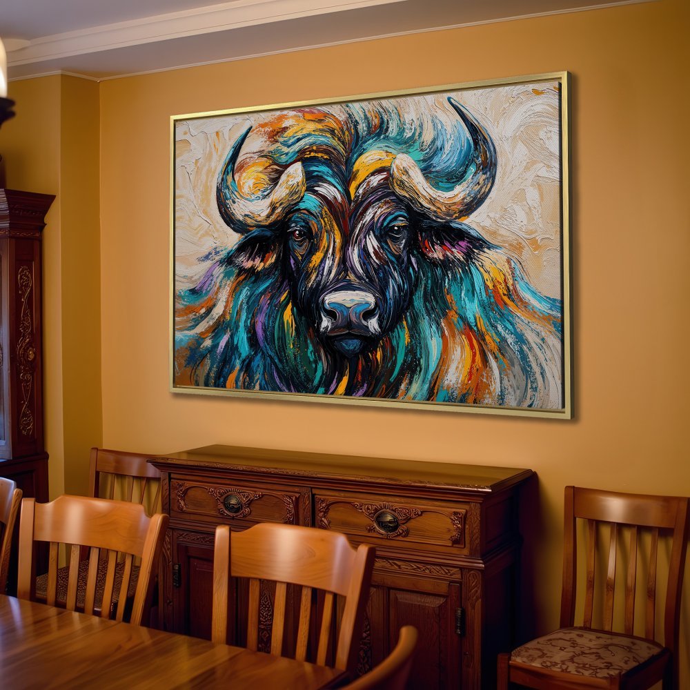Colorful buffalo Canvas Print in a modern living room. Abstract art with blue, orange, and yellow hues. Perfect wall decor.