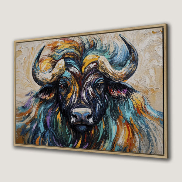Framed Wall Art: Bold buffalo painting with vibrant blues, yellows, and oranges. Modern abstract style, perfect for statement decor.