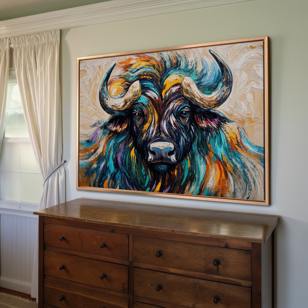 Framed Wall Art: Colorful buffalo painting in vibrant blues, oranges, and yellows. Modern art style, perfect for adding a statement piece to your home decor.