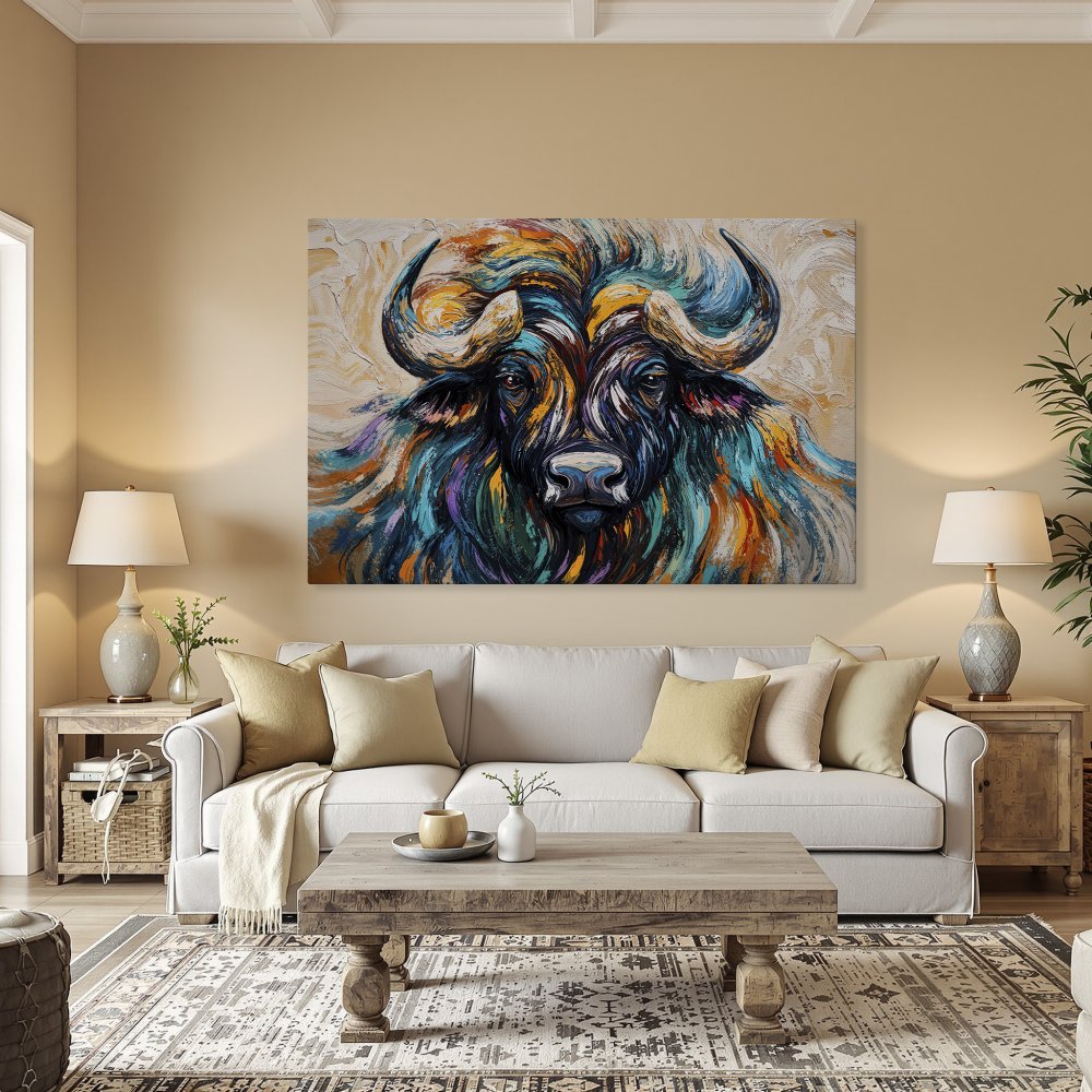 Framed Wall Art: Bold buffalo painting with vibrant teal, orange, and purple hues. Add a statement piece to your space with this stunning canvas print!