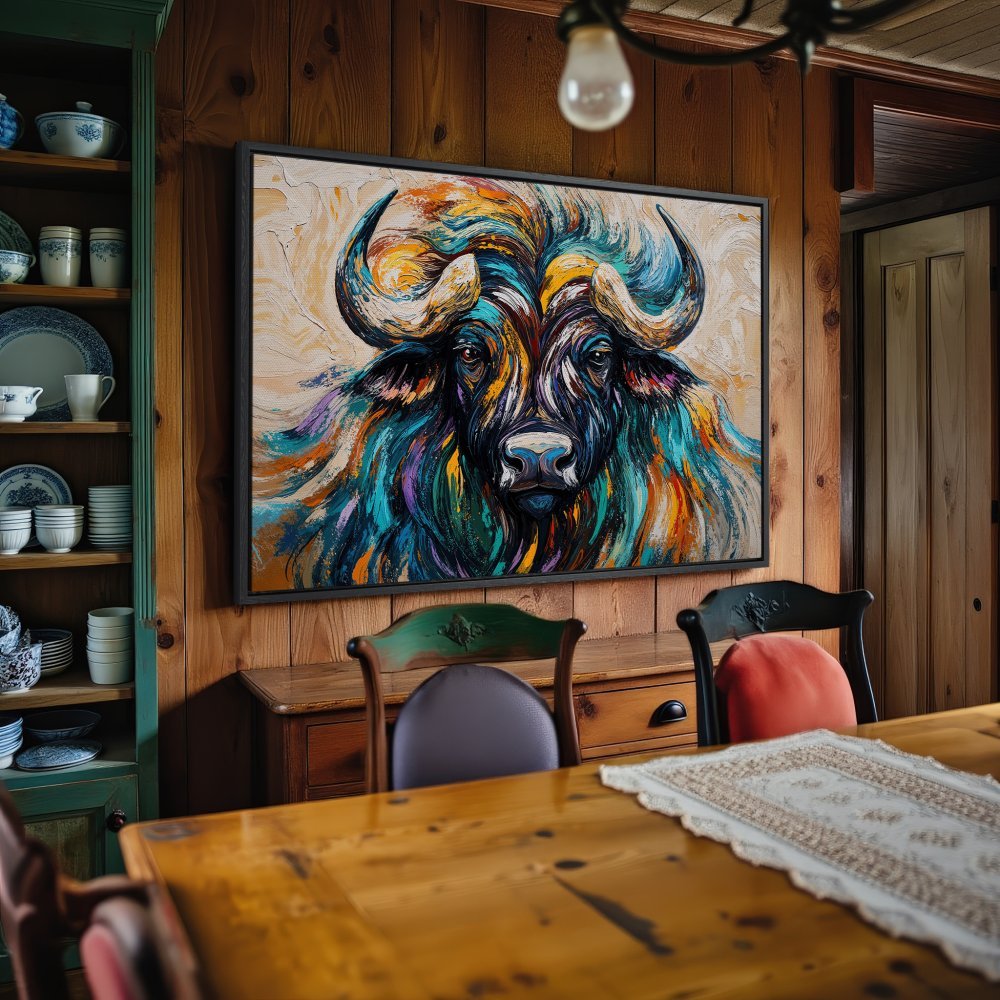 Framed Wall Art: Colorful buffalo painting in a rustic interior. Vibrant blues, oranges, and purples create a stunning statement piece.