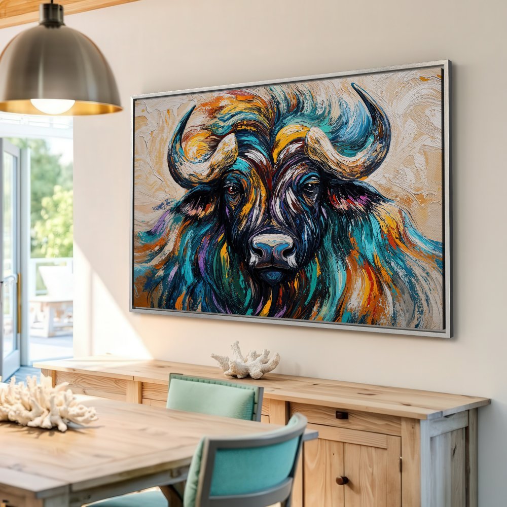 Framed Wall Art: Colorful buffalo painting in an expressive style. Vibrant blues, oranges, and yellows. Perfect statement piece for your home!