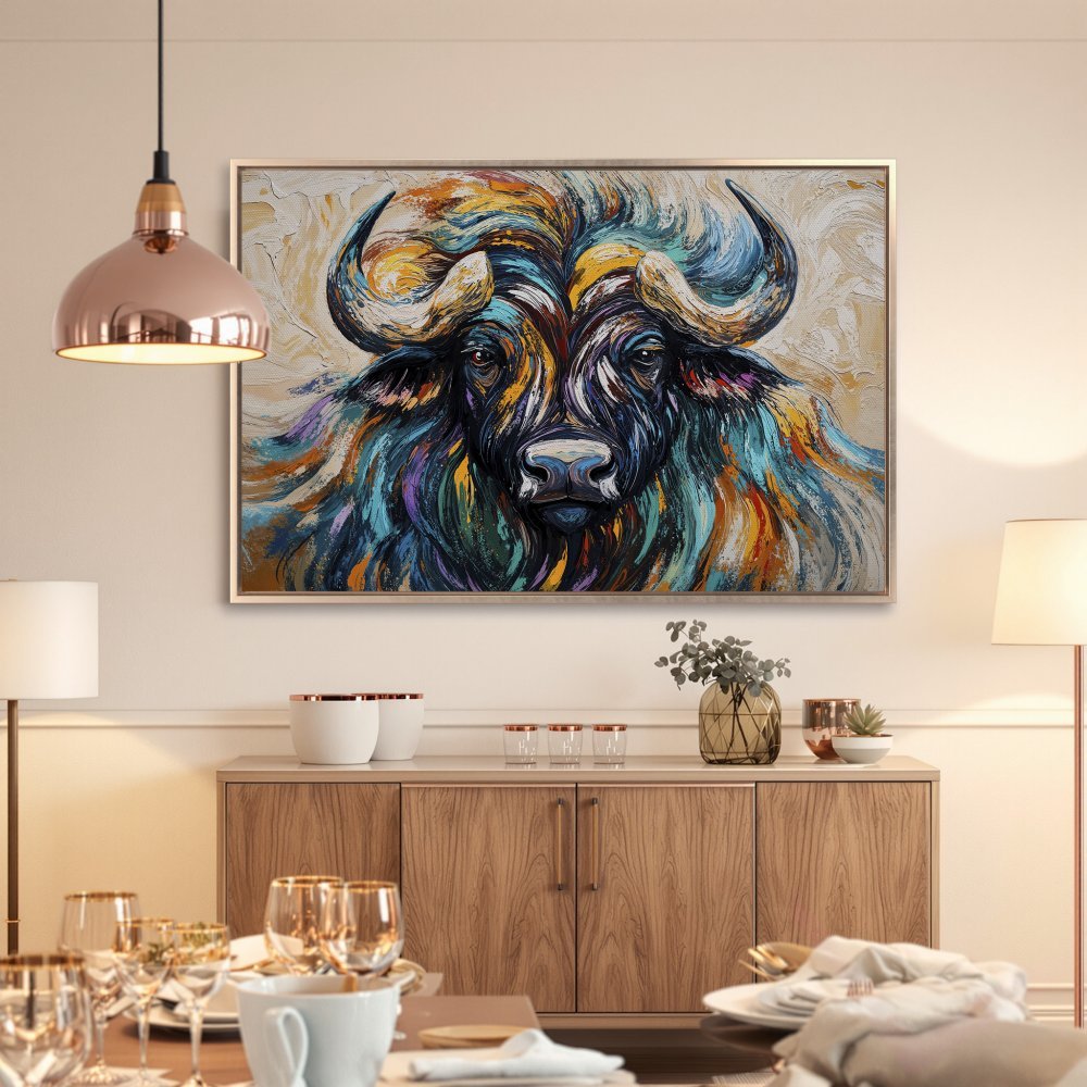 Framed Wall Art: Colorful buffalo painting adds a vibrant touch to any room. Abstract style with blue, orange, and yellow hues. Elevate your decor!