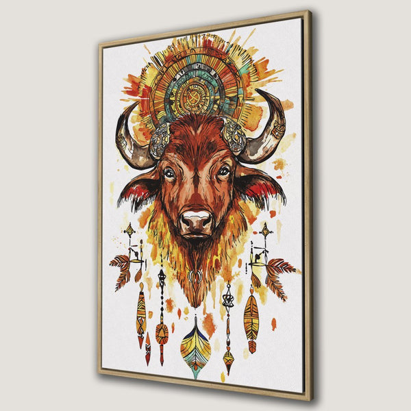 Framed Wall Art: Watercolor buffalo print with warm orange & yellow tones. Boho style canvas art for living room decor.