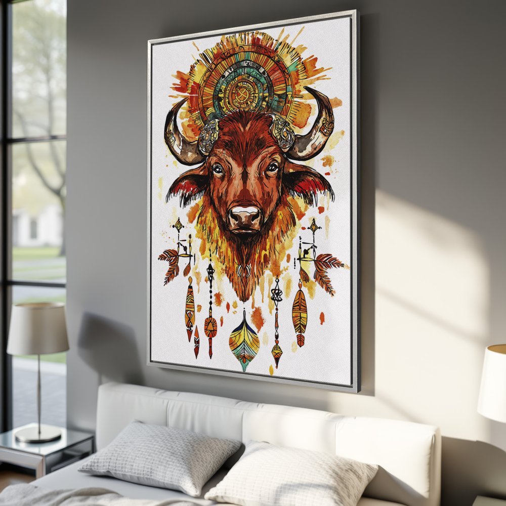 Framed Wall Art: Watercolor buffalo print in warm orange & yellow tones. Boho style canvas art for a stylish interior.