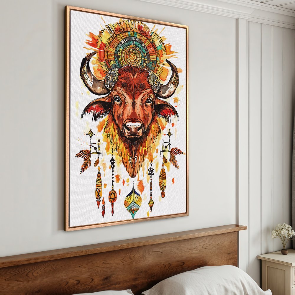Framed Wall Art: Watercolor buffalo print in warm orange and yellow tones, perfect for boho decor.