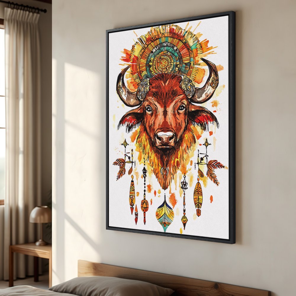 Framed Wall Art: Watercolor bull print in warm orange and yellow tones. Boho style canvas print for living room or bedroom decor.