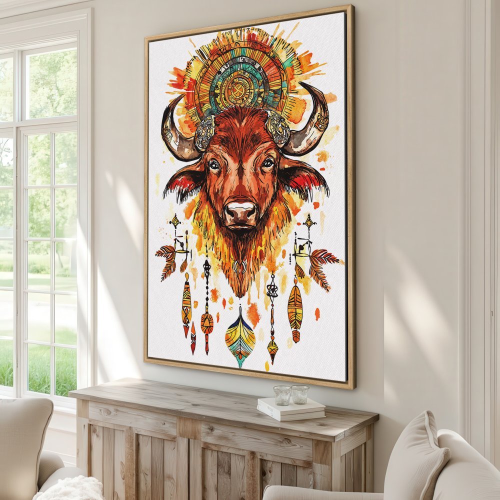 Framed Wall Art: Watercolor bison print in warm orange and yellow tones. Boho style canvas art for living room decor.