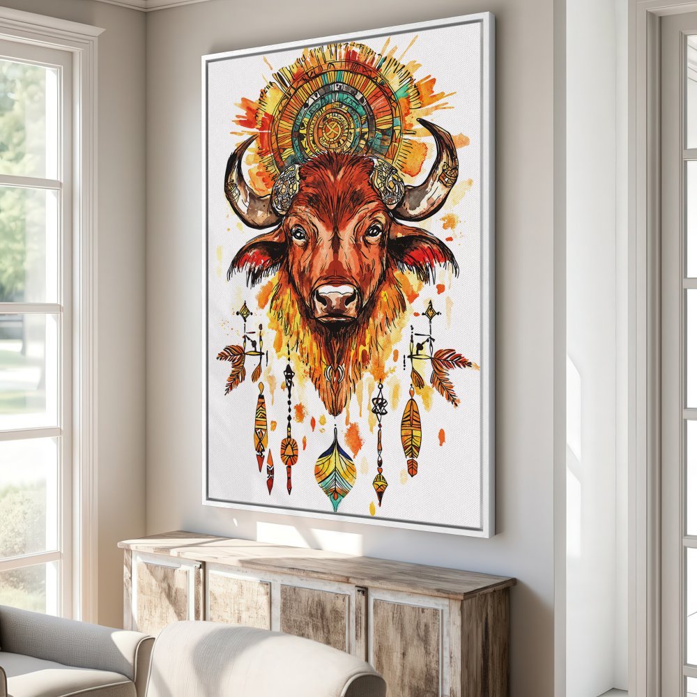Watercolor Canvas Print of a bull with dreamcatcher details. Warm orange and yellow tones. Boho wall decor.