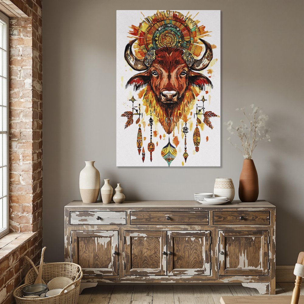 Framed Wall Art: Watercolor bison print in warm orange & yellow tones. Boho style canvas art for living room or dining room.