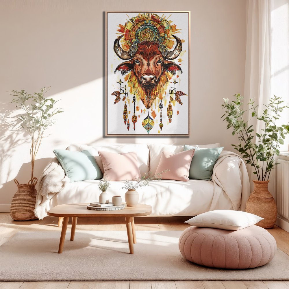 Framed Wall Art: Watercolor buffalo print in warm earth tones. Boho style canvas art for living room decor.