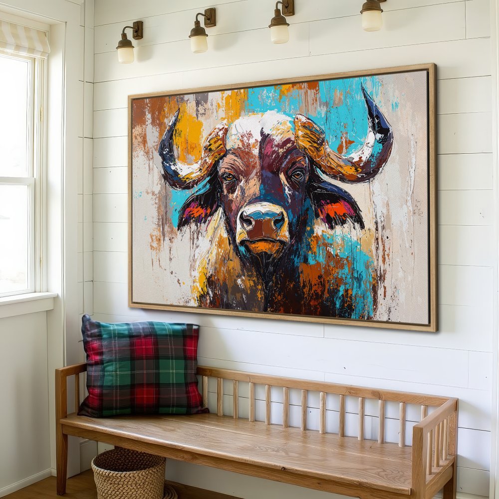 Framed Wall Art: Bold buffalo painting with vibrant blues, oranges, and browns. Modern abstract style, perfect for adding character to any space. Shop now!