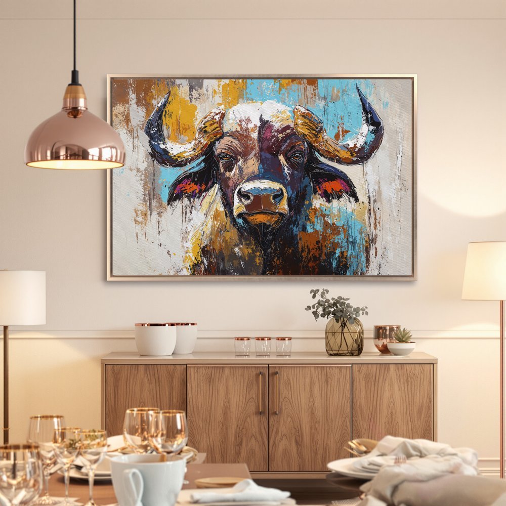 Framed Wall Art: Abstract buffalo portrait in warm, earthy tones with pops of blue. Add a touch of wildlife art to your home decor!