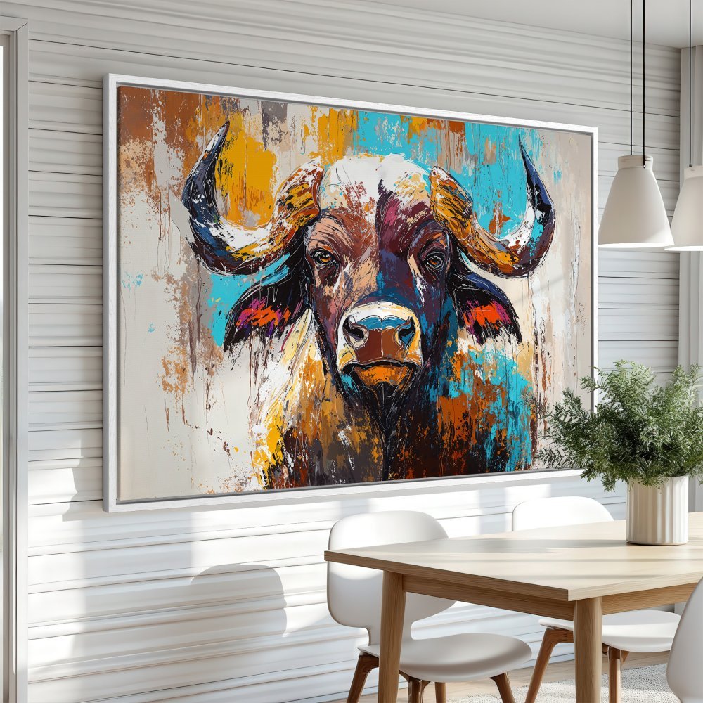 Abstract Canvas Print of a buffalo. Bold colors of blue, orange, and brown. Modern wall art for your home.
