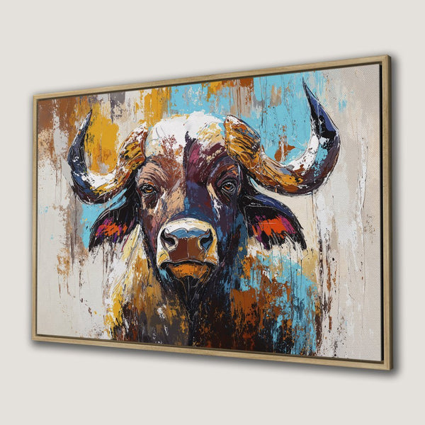 Framed Wall Art: Bold buffalo painting in vibrant blues, oranges, and browns. Modern abstract style Canvas Print for impactful home decor.