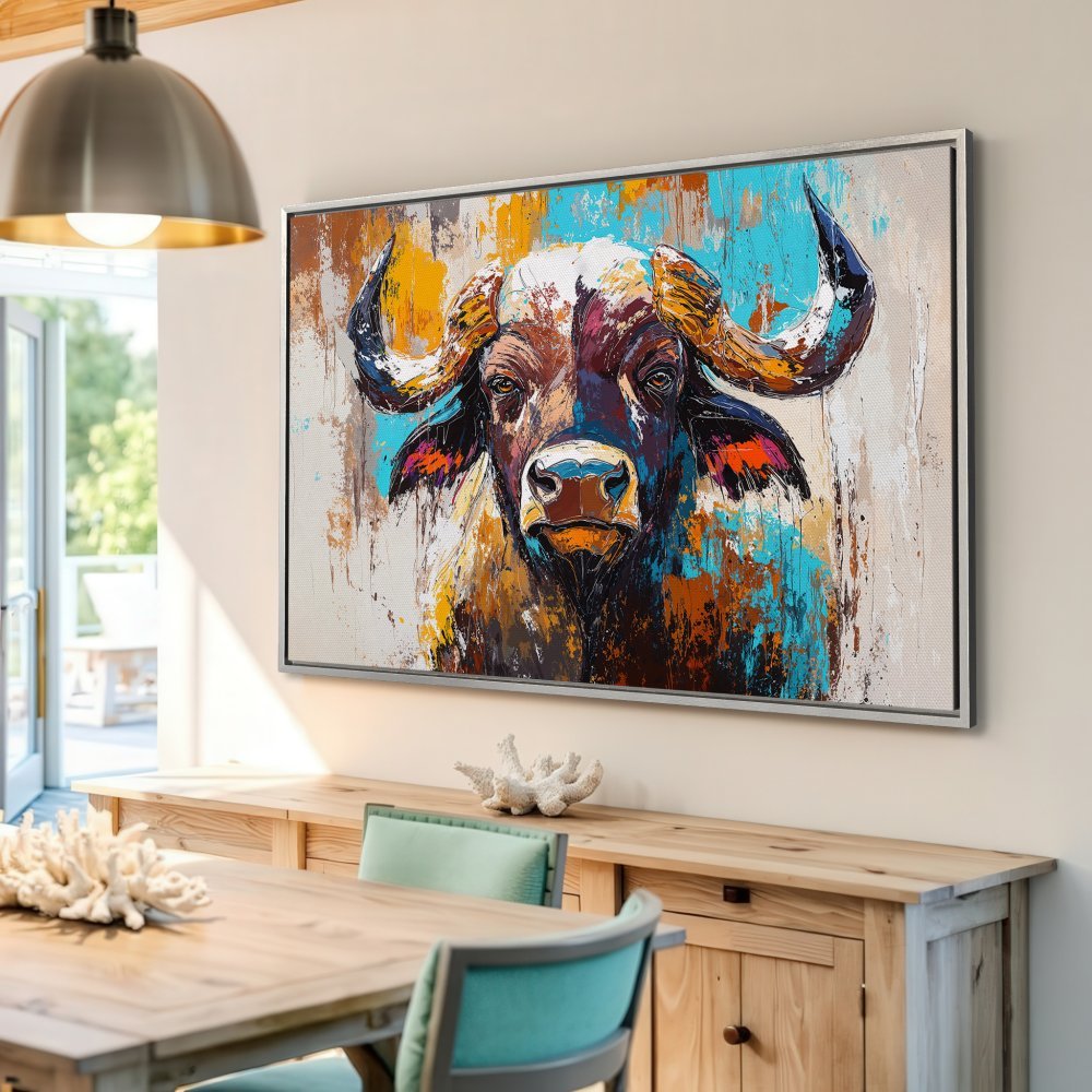 Framed Wall Art: Bold buffalo painting in vibrant blues, yellows, and browns. Modern art canvas print adds a striking statement to any room.