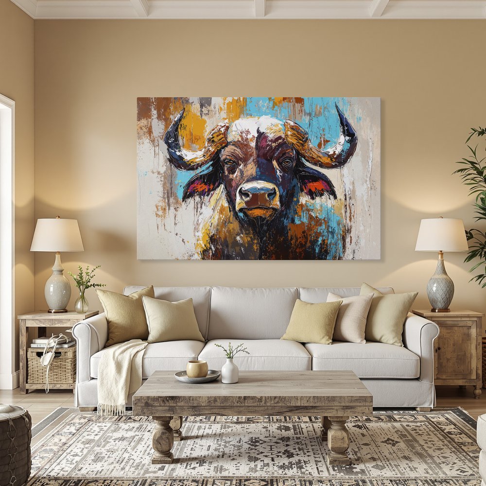 Framed Wall Art: Bold buffalo portrait in vibrant, abstract style. Colorful canvas print with teal, orange, and brown tones. Elevate your decor!