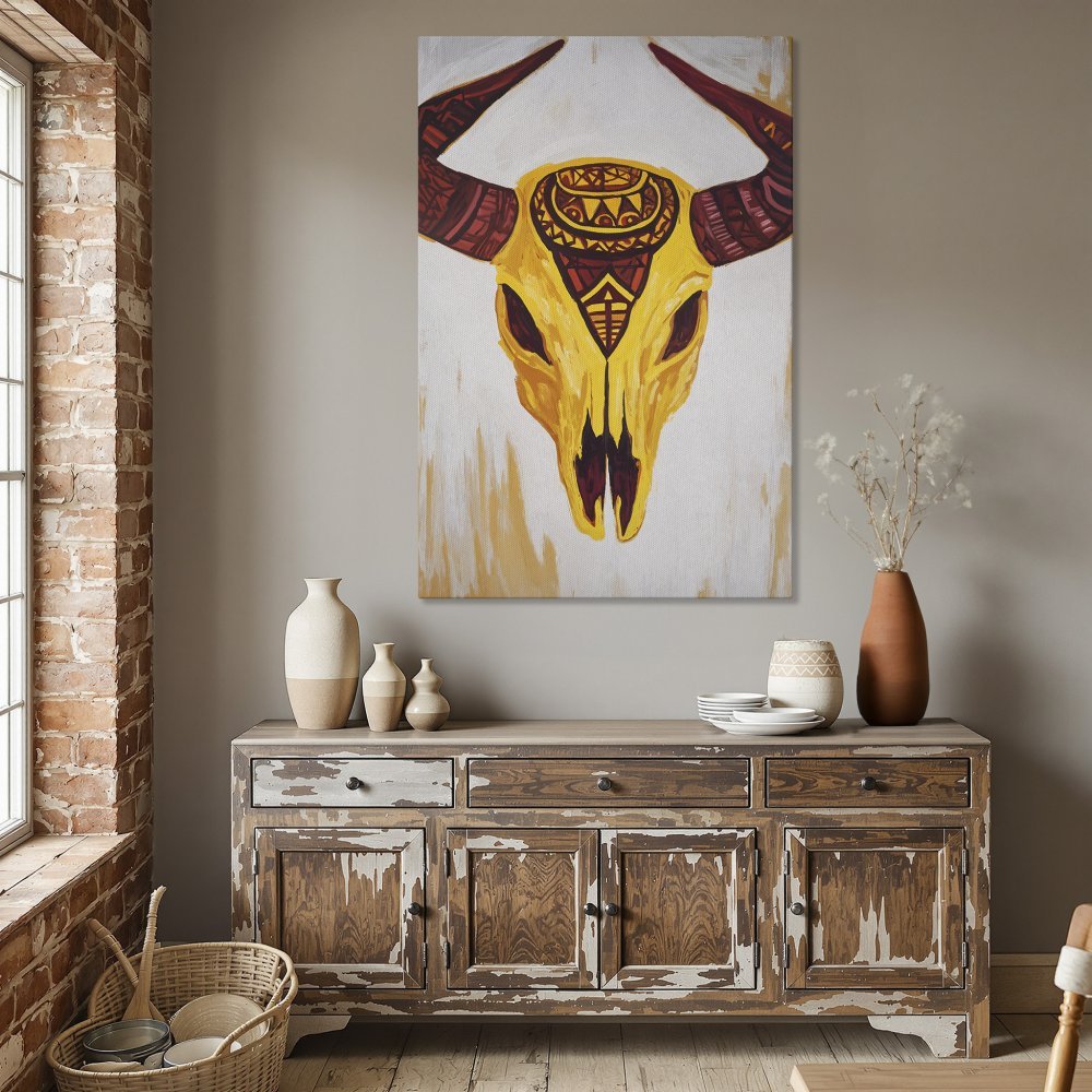 Framed Wall Art: Bold yellow bull skull painting with red accents. Modern art canvas print for dining room decor.
