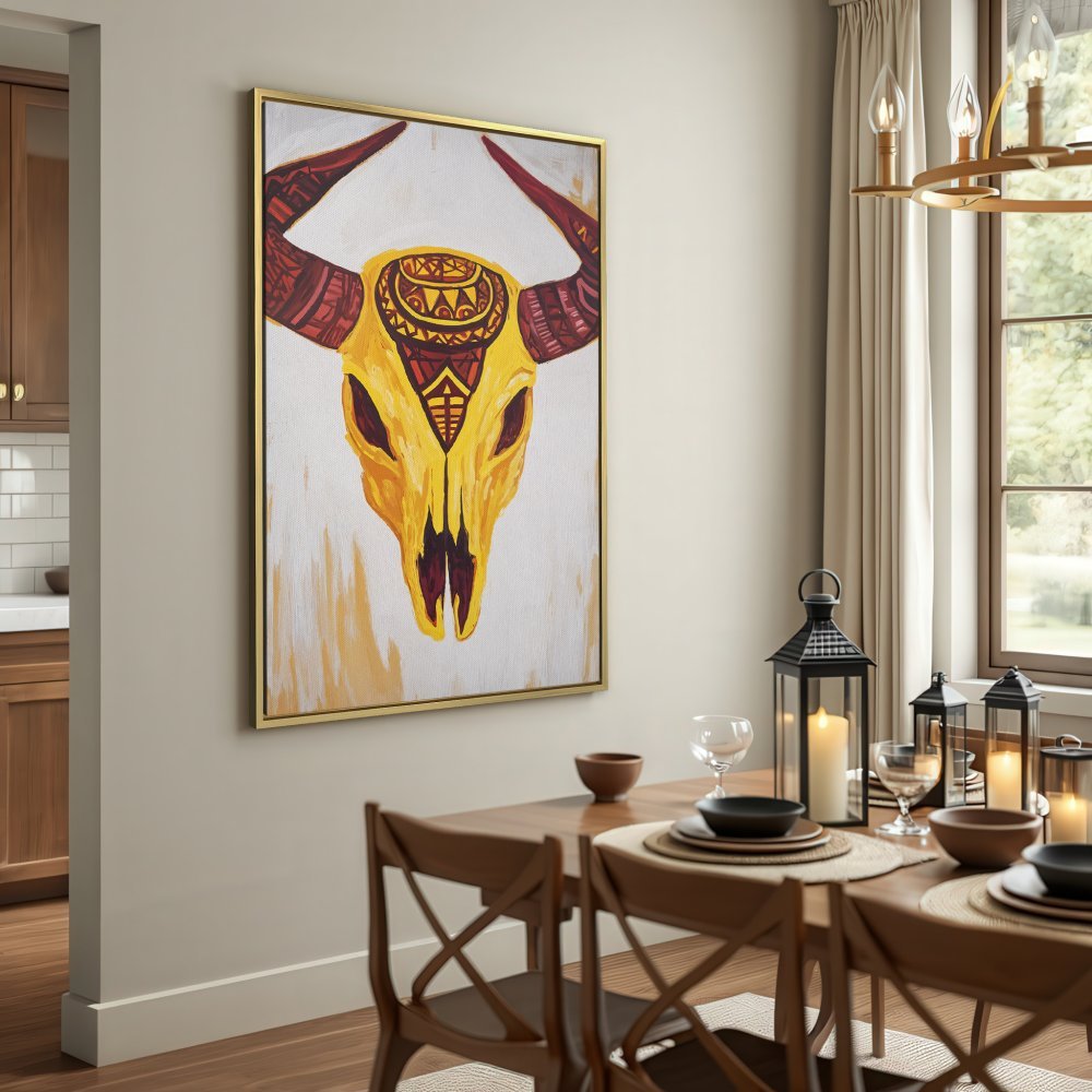 Canvas Print: Tribal bull skull art in yellow and brown tones. Rustic decor for a stylish interior.