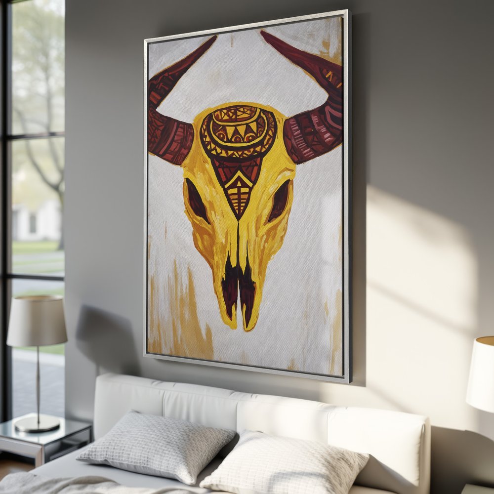 Framed Wall Art: Bold yellow bull skull painting with tribal details. Adds a touch of boho style with its warm, earthy color palette. Perfect for bedroom decor.