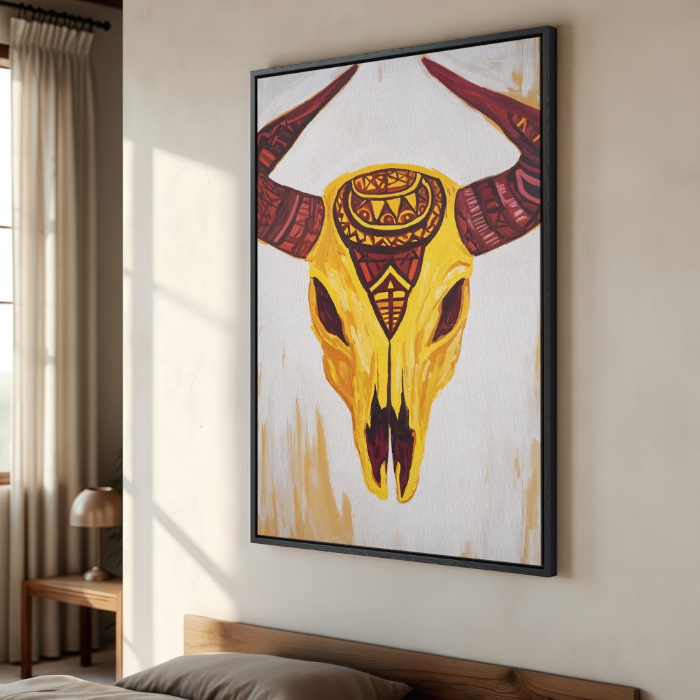 Framed Wall Art featuring a vibrant yellow bull skull painting with tribal details. Adds a pop of color and bohemian style to any room.