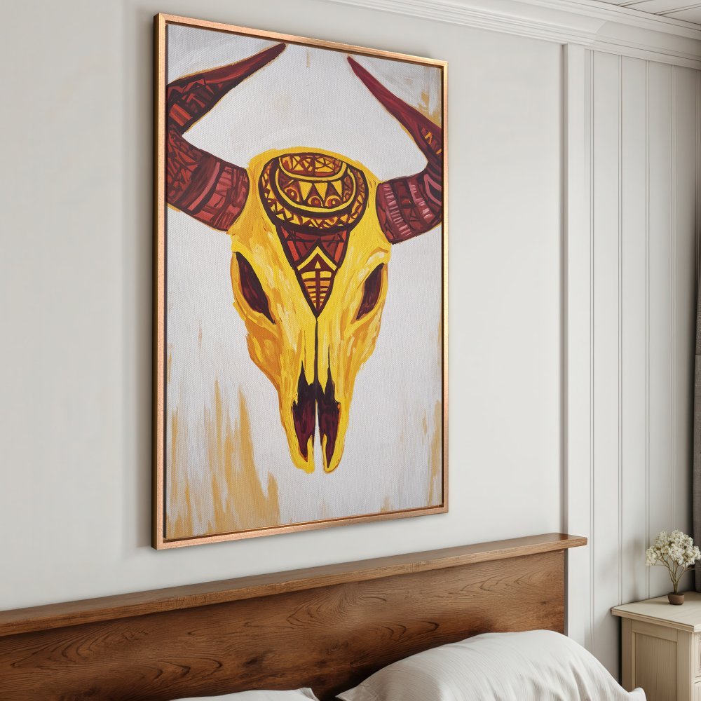 Framed Wall Art: Abstract bull skull painting in yellow and red. Rustic, boho style canvas print for your home decor.