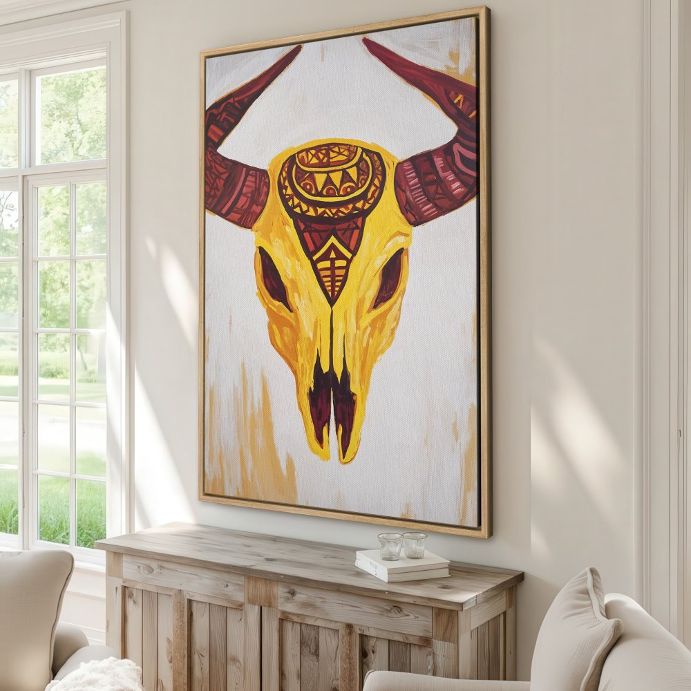 Framed Wall Art: Bold yellow & red bull skull canvas print. Modern southwestern style with a neutral color palette. Perfect statement piece!