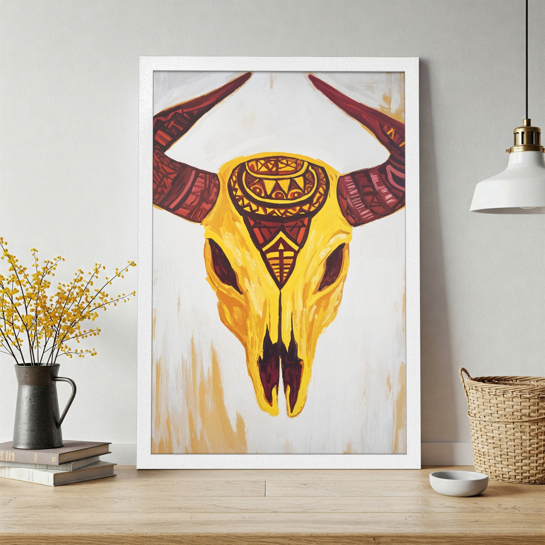 Framed Poster featuring a yellow and red bull skull painting in a modern, artistic style. Perfect wall art for your home!