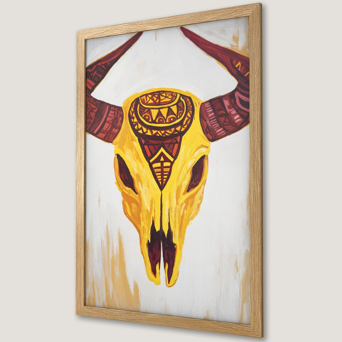 Framed Poster featuring a vibrant yellow skull with tribal design, painted in a bold, artistic style. Earthy color palette.