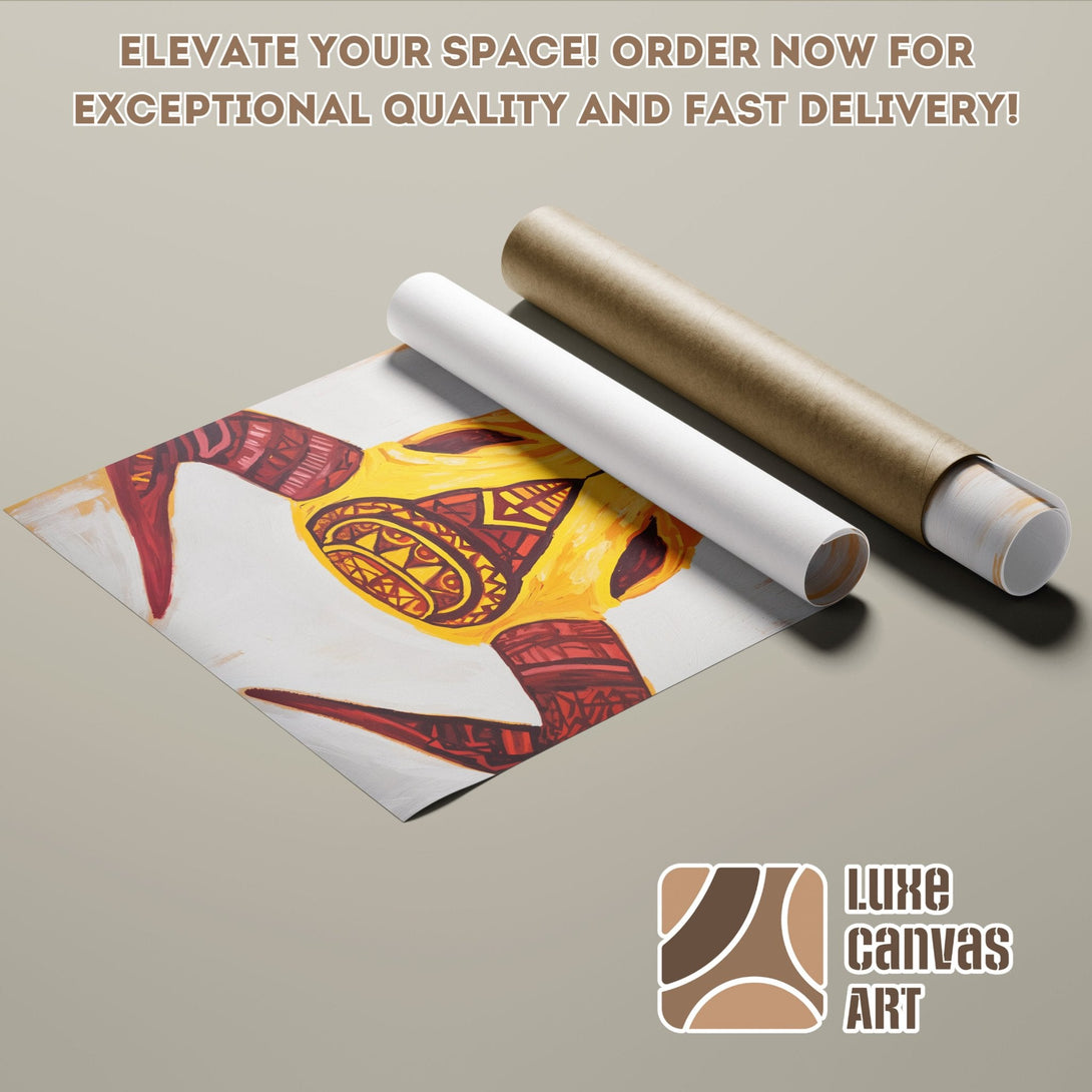 Poster Roll featuring abstract art in warm yellow, red, and brown tones. Elevate your space with Luxe Canvas Art!