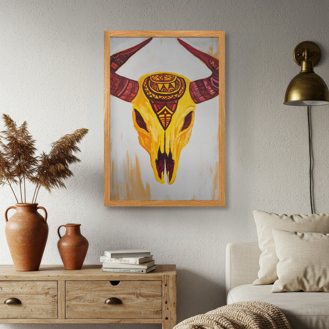 Framed Poster featuring an abstract bull skull in warm yellow and red tones, perfect for boho decor.