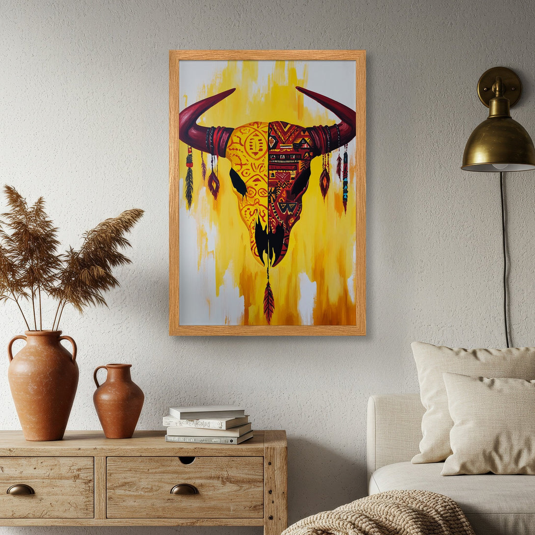 Framed Poster featuring a vibrant bull skull design in a tribal style, with a warm yellow and red color palette. Perfect wall art!