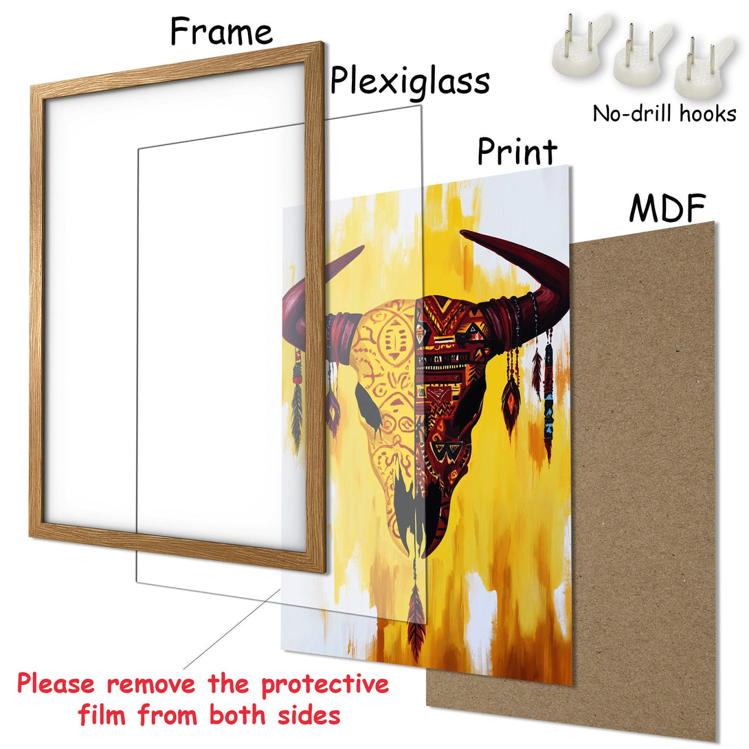 Framed Poster featuring a bull skull art print in a warm yellow and red palette. Perfect wall decor!