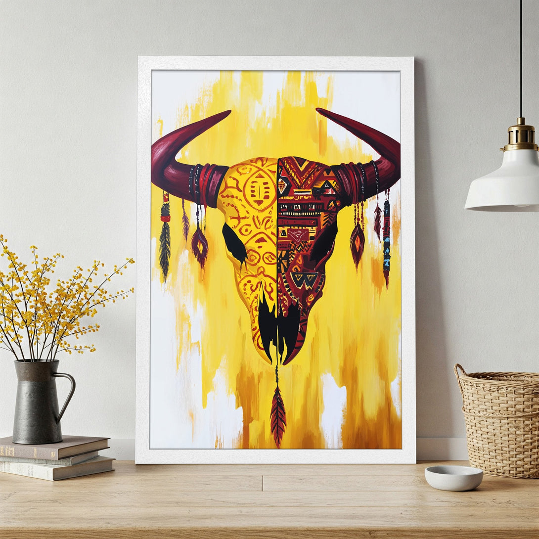Framed Poster featuring a tribal bull skull art print. Bold, colorful design in yellow, red, and black. Perfect wall decor!
