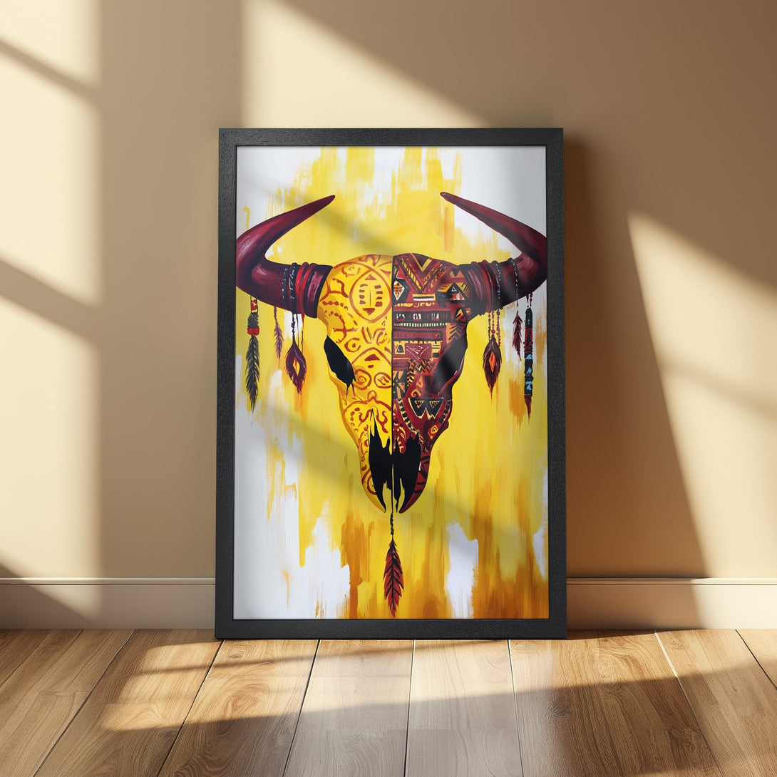 Framed Poster featuring a bull skull with tribal art, vibrant yellow & red color palette, perfect for boho decor.